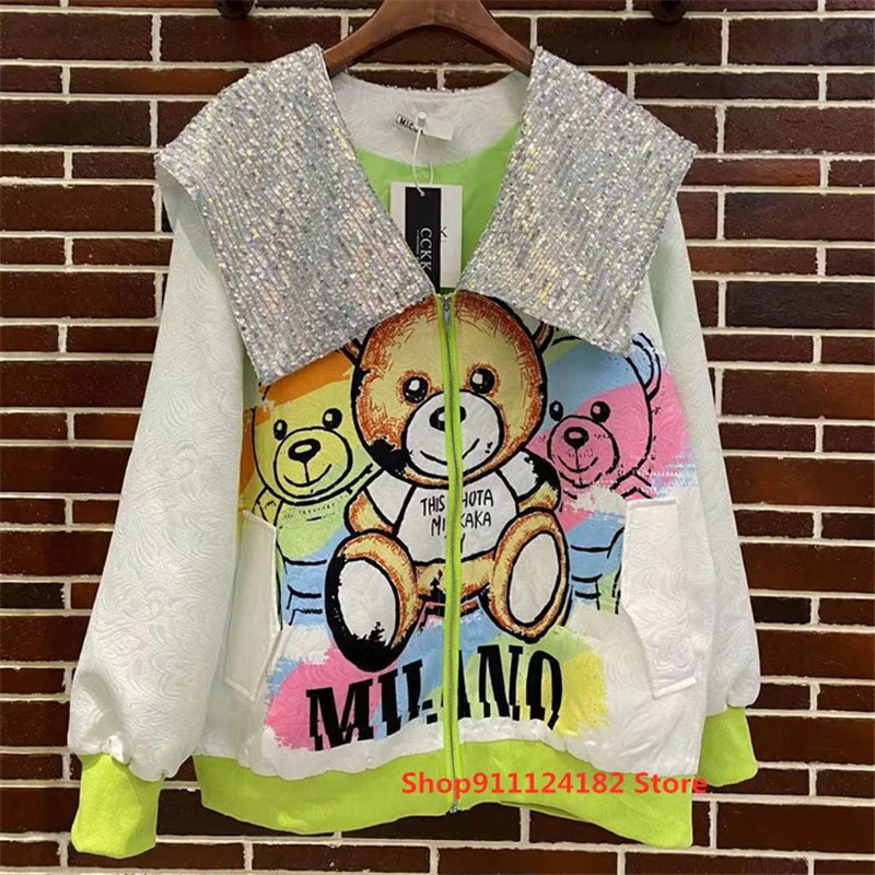 

European Goods Tide Brand Cartoon Age-Reducing Loose Cardigan Jacket Female 2021 Spring New Sequined Doll Collar Printed Jacket