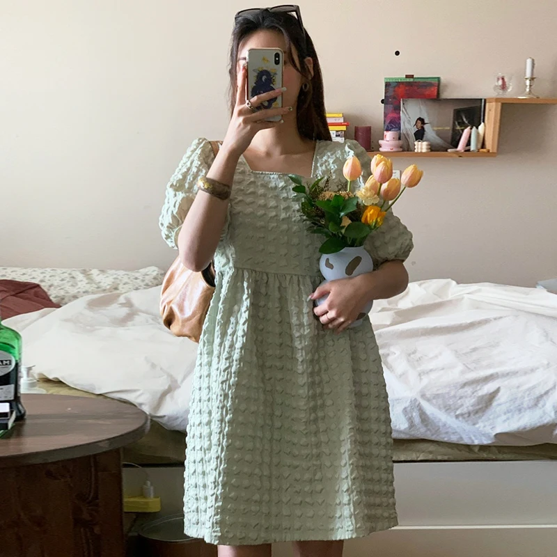 

Summer Women Short Sleeve Dress 2021 New Loose Square Collar Korean Style Solid Color Puff Sleeve Casual Ladies Dresses Vintage