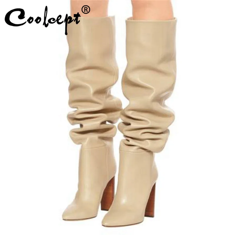 

Coolcept Women knee high boots Sexy Poin ted Toe Thick High Heel Silp On Shoes Fashion Party Street Ladies Footwear Size 33-44