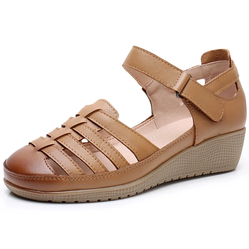 

2020 Newest Summer Round Head Genuine Leather Sandals Fashion Casual Wedge Sandals Soft Comfort Breathable Concise Women Sandals