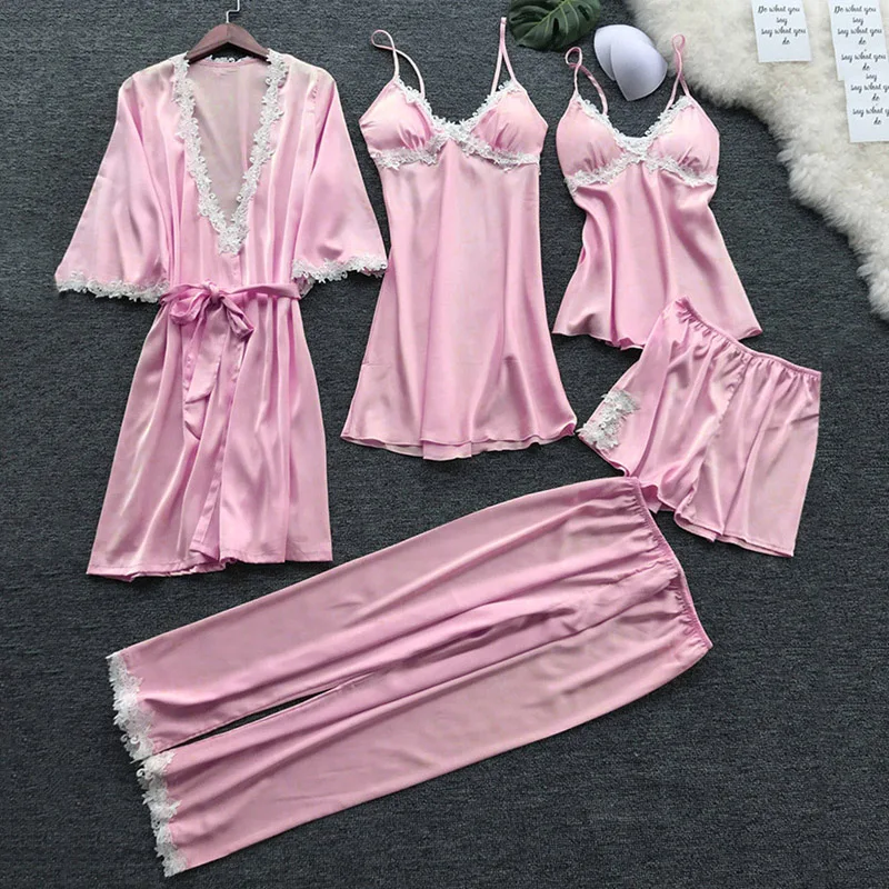 

flower printing women Pajama Sets pajamas nightgown Silk sleepwear women's underwear robes babydolls set 5pcs pajamas lingerie