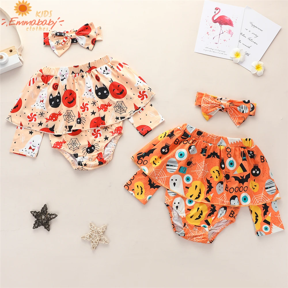 

2020 Halloween Baby Romper Cloak Headband Suit Fall Round Collar Crotch Buttons Pumpkin Ghost Printed Clothes