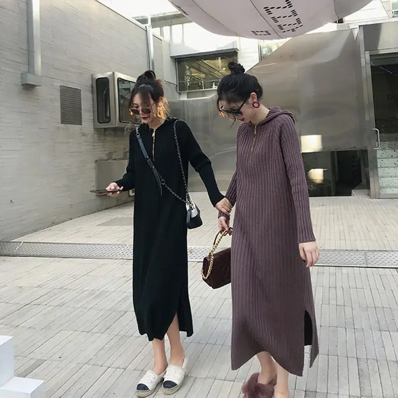 

2021, женская обувь; Сезон осень-зима, модная зимняя куртка с капюшоном и свитер с длинными рукавами платье женские свободные теплые прямые пл...