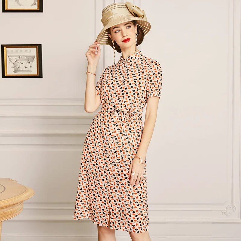 

SHZQ Silk Dress 2021 New Beige Printed Mulberry Silk Long Skirt with Slim Waist in Summer