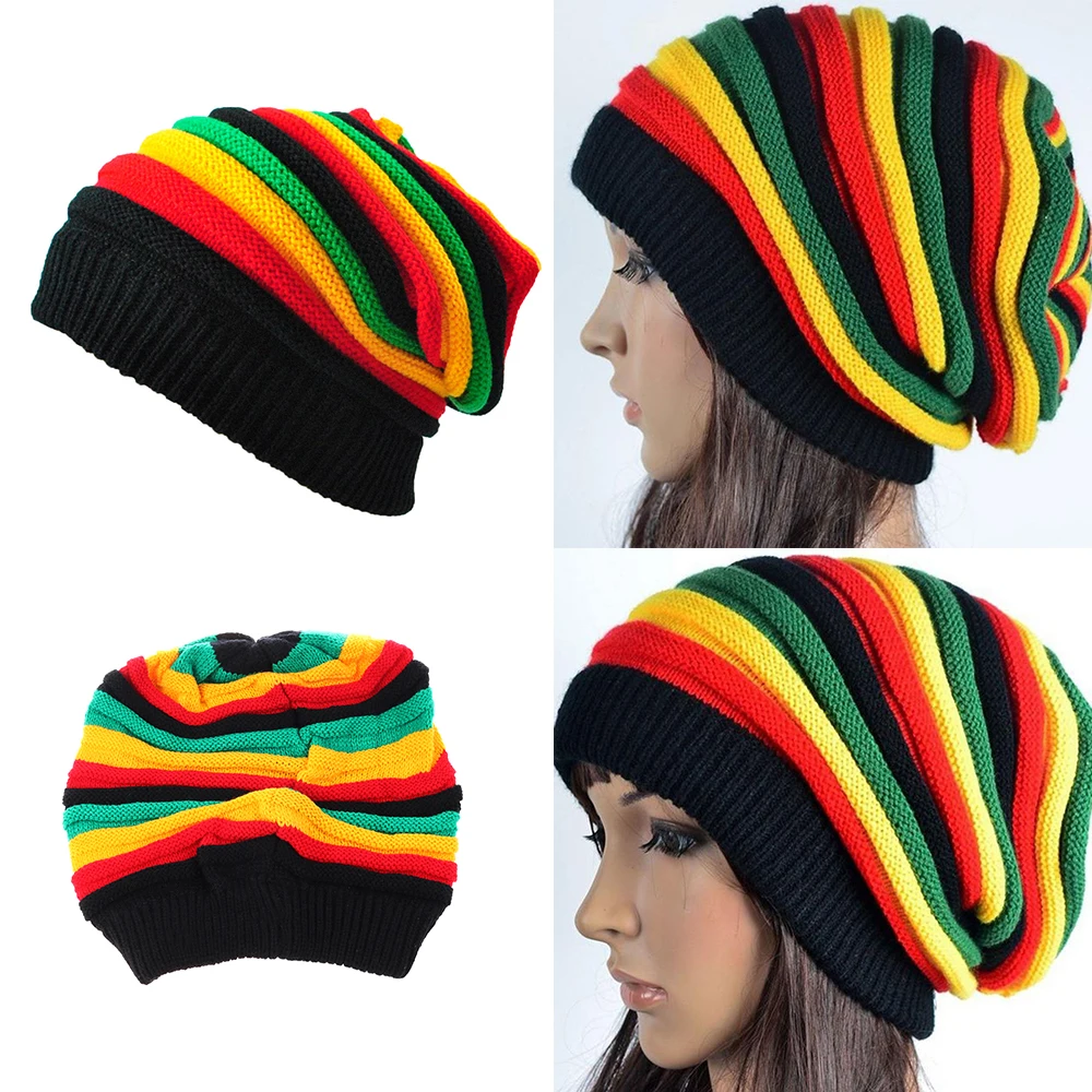 

1pcs Unisex Jamaica Slouch Beanie Winter Rainbow Striped Warm Knitted Hat Beret Cap Winter Reggae Baggy Cap Ladies Bonnet