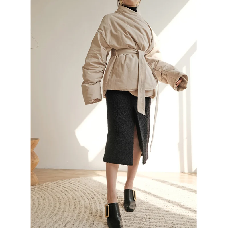 LUXUV Winter Argyle Pattern Women Stand Collar White Duck Down Jacket Fashion Single-breasted Solid Parka Lace-up Chic Coat