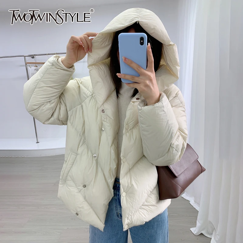 

Женский однотонный пуховик TWOTWINSTYLE, зимний пуховик с капюшоном и длинными рукавами, 2021
