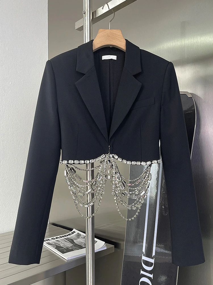 2021 Spring Women Clothing Black Deep V-Neck Short Slim Suit Sexy Drape Diamond Chain Open Waist Long-Sleeved Jacket Streetwear