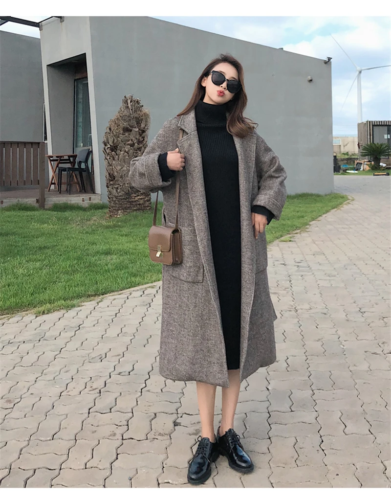 BGTEEVER, винтажное, свободное, утолщенное, теплое, шерстяное пальто для женщин,, с отворотом, полный рукав, карманы, с поясом, зимнее пальто, женское, длинное пальто