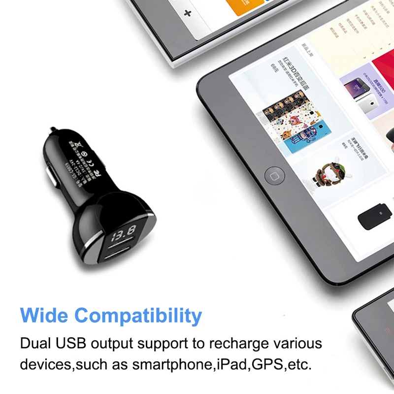 

2.4A Dual USB Car Charger With LED Display Universal Mobile Phone Car-Charger for Xiaomi Samsung S8 iPhone 6 6s 7 8 Plus Tablet