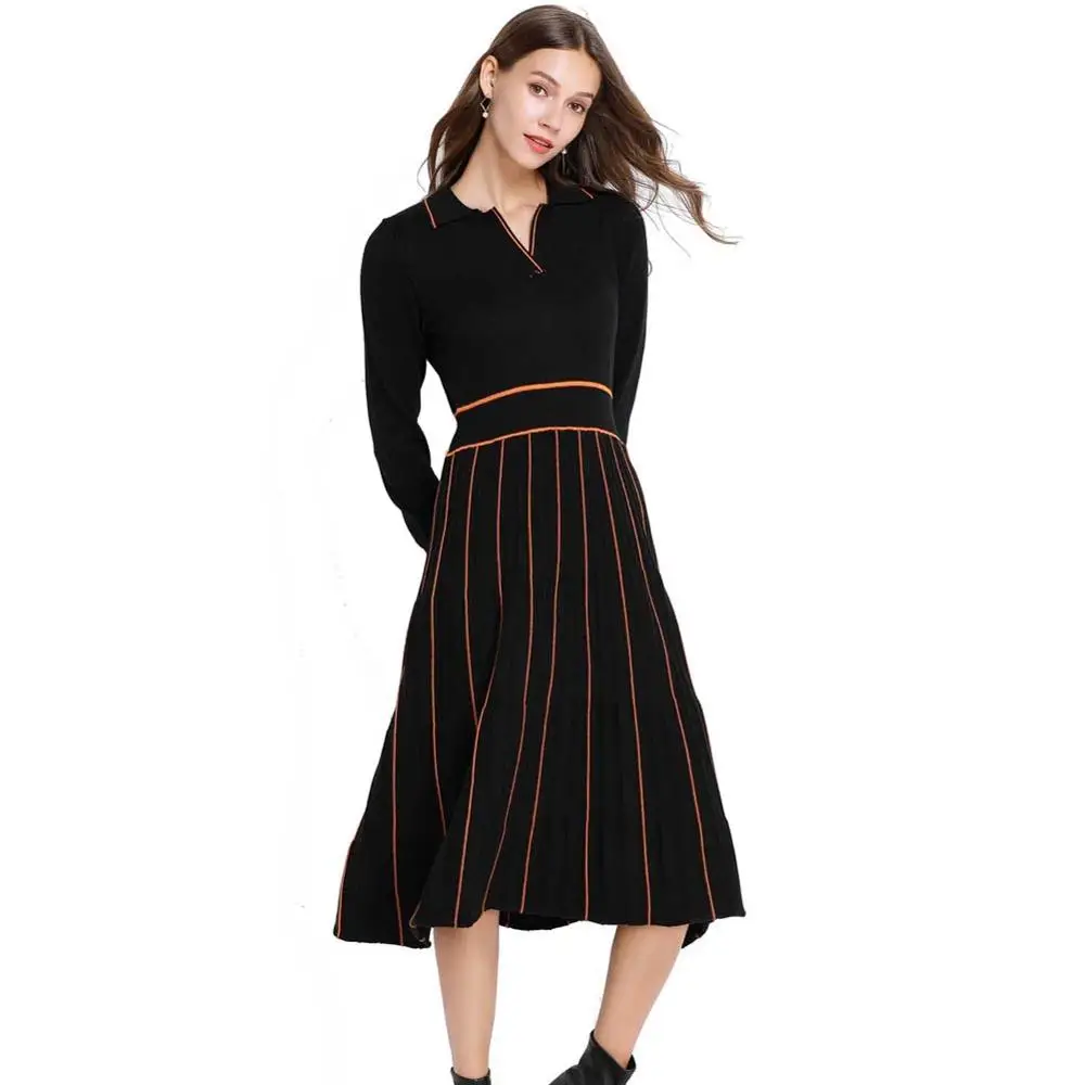 

Women's Sweater Dress Crewneck Ribbed Elbow Turn-Down Collar Flatter Swing Fashion Color Stripes Dresses Vestidos Black