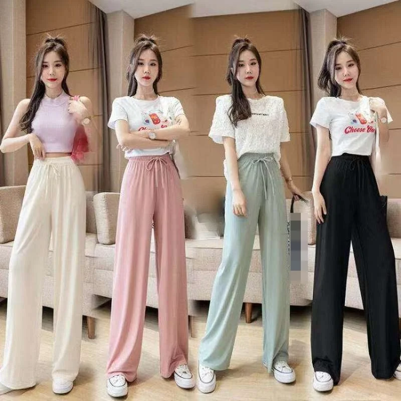 Широкие брюки из ледяного шелка, новинка 2021, прямые повседневные штаны, женские летние тонкие свободные длинные штаны с драпировкой, брюки ж...