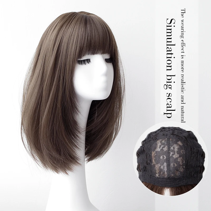 

LANLAN wig female short hair net red bobo head temperament inner buckle Korean girl short straight hair full headgear hair cover