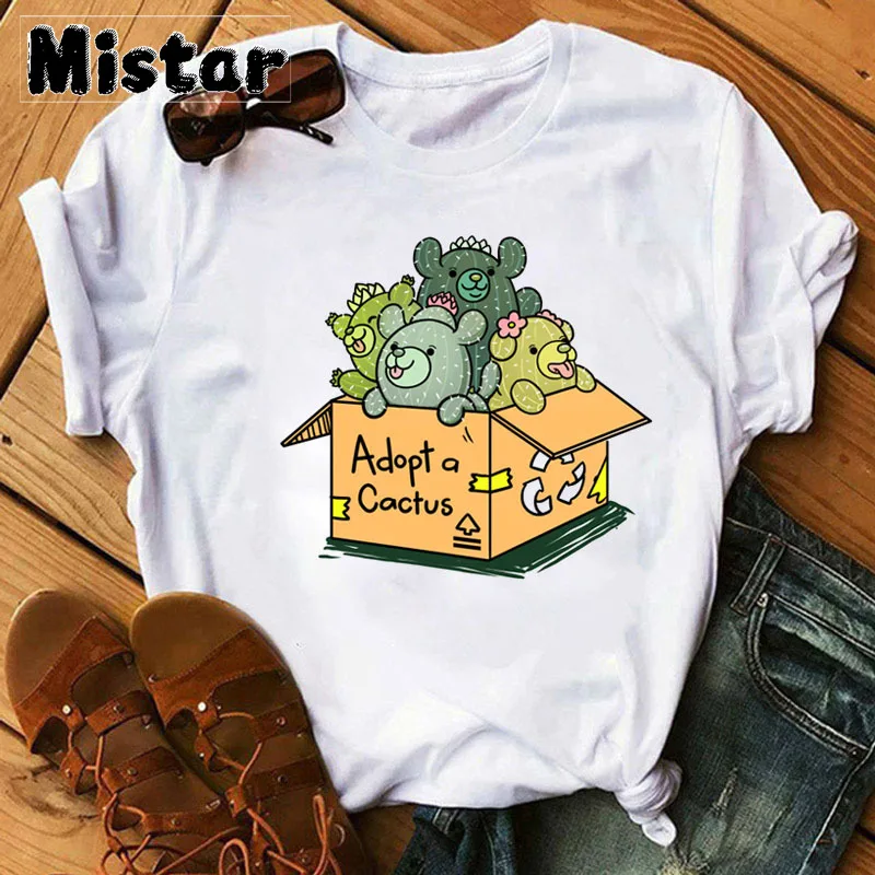 

New Fashion Women Tshirt Cartoon Cactus and Shoes Printed Tops Tee Harajuku T-shirt Cute Tee Female Graphic T-shirts Clothes