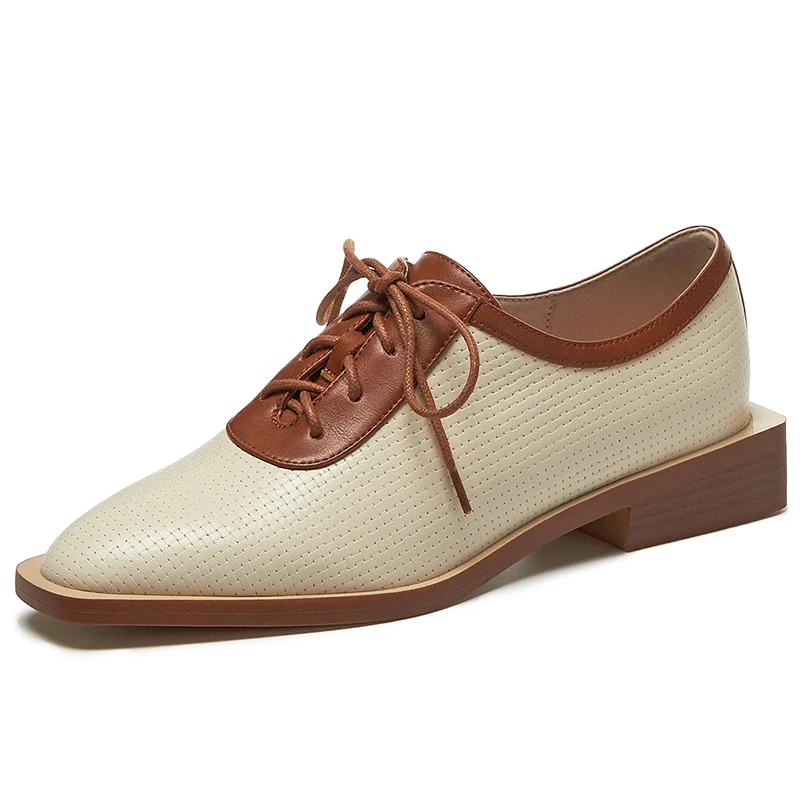 

Basic 2021 Casual Spring Women Pumps Round Toe Med Square Heels Genuine Leather Lace Up Black Beige Loafers Dress Shoes Woman 39