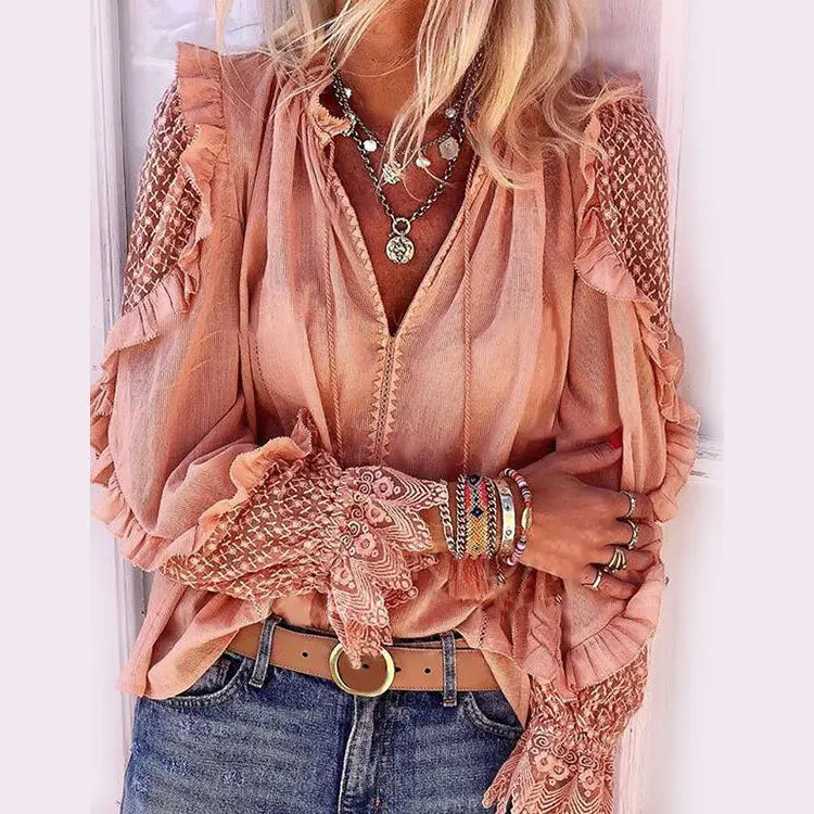 

New Women Autumn Spring Shirt V-neck Lace Hollow Out Top Long Sleeve Casual T-shirt Ladies Fashion Solid Patchwork Shirts S-3XL