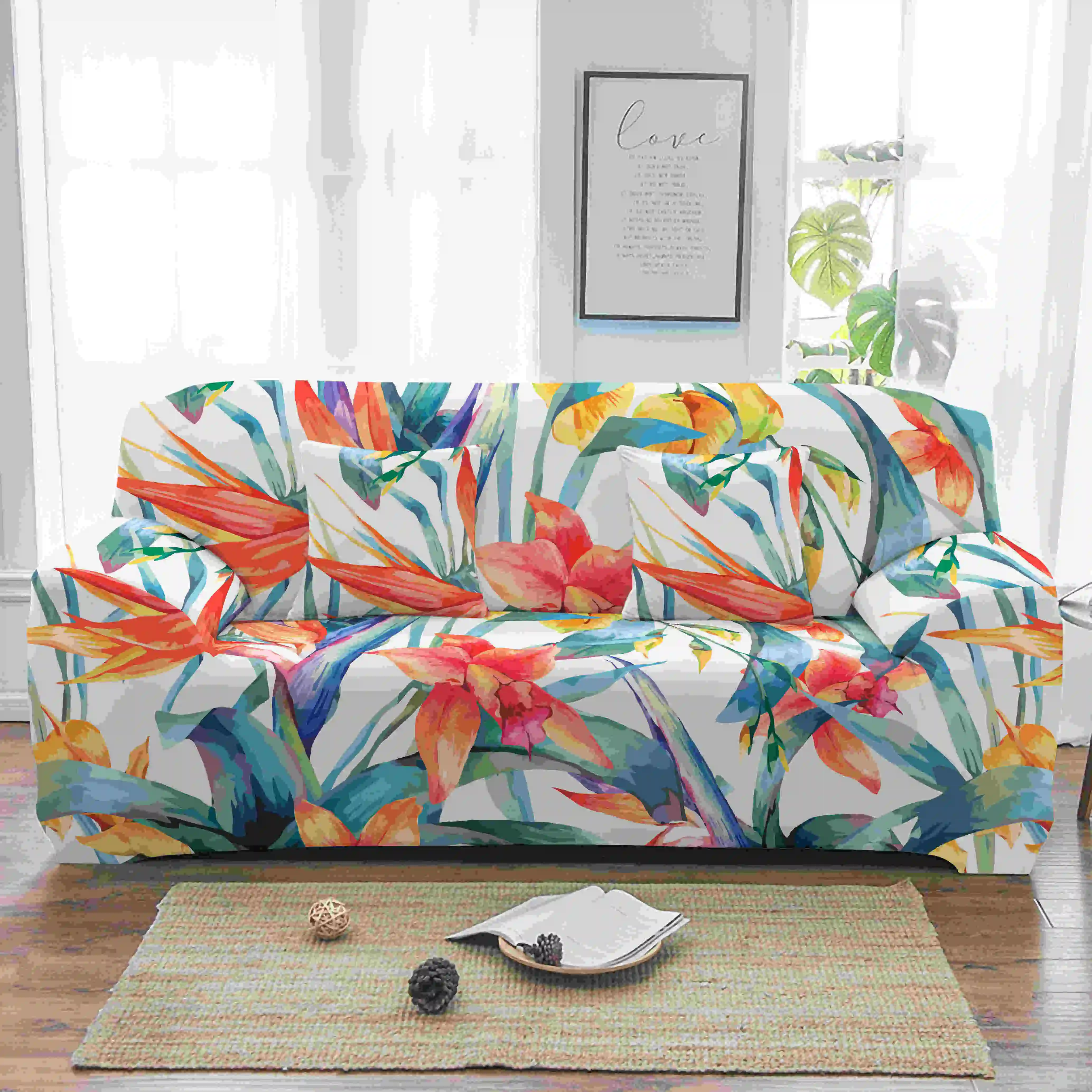 Homesky Tropical Leaves Elastic Sofa Cover for Living Room Flower Slipcover Stretch Armchair 1/2/3/4-seater | Дом и сад