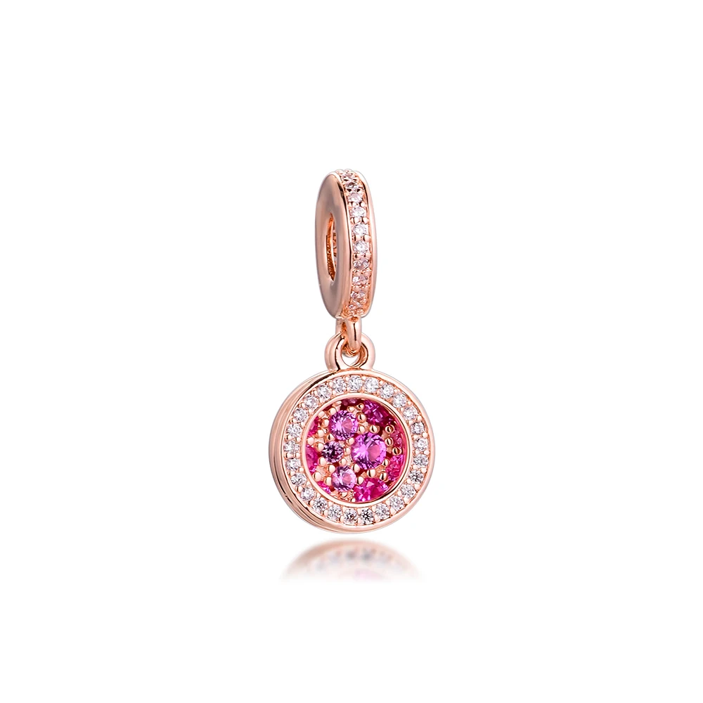 

Sparkling Pink Disc Double Dangle Charm Real 925 Sterling Silver Beads for Women Fits Europe Bracelet DIY Jewelry Making Kralen