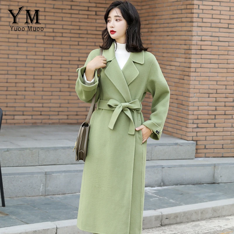Женское шерстяное пальто YuooMuoo длинное зеленое с отложным воротником и поясом в