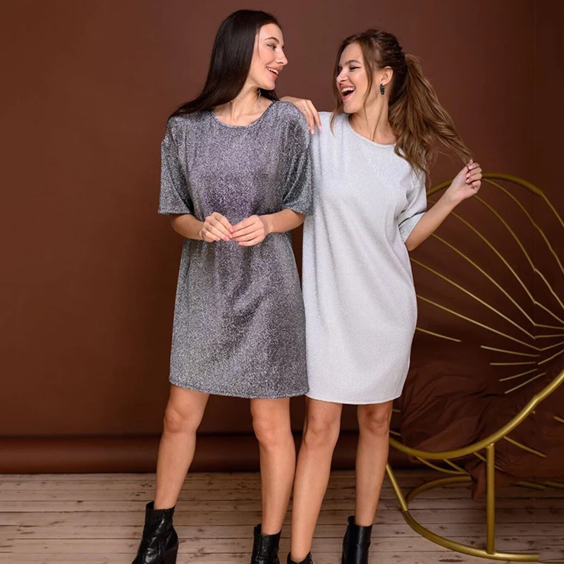 2020 модное женское блестящее Повседневное платье с круглым вырезом и коротким