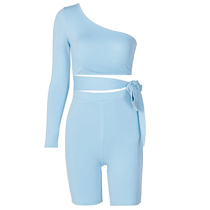 

Women Yoga 2 Pcs Outfits Solid Color Long Sleeve One Shoulder Bandage Top Slim High Waist Shorts Bodycon Sportswear
