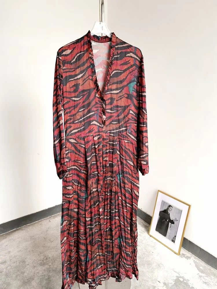 

Женское платье макси с длинным рукавом, плиссированное длинное платье с глубоким V-образным вырезом и принтом в стиле ретро, весна 2021