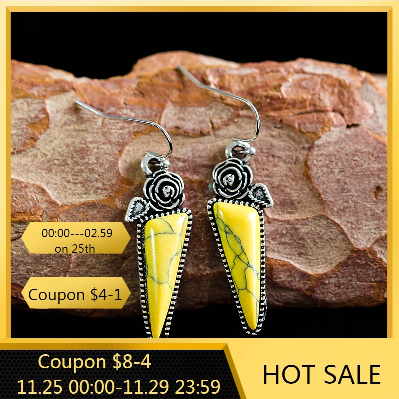 

Vintage Triangle Yellow Resin Crochet Earrings For Women Bohemian Pendant Flower Carving Dangle Jewelry Best Gift D316