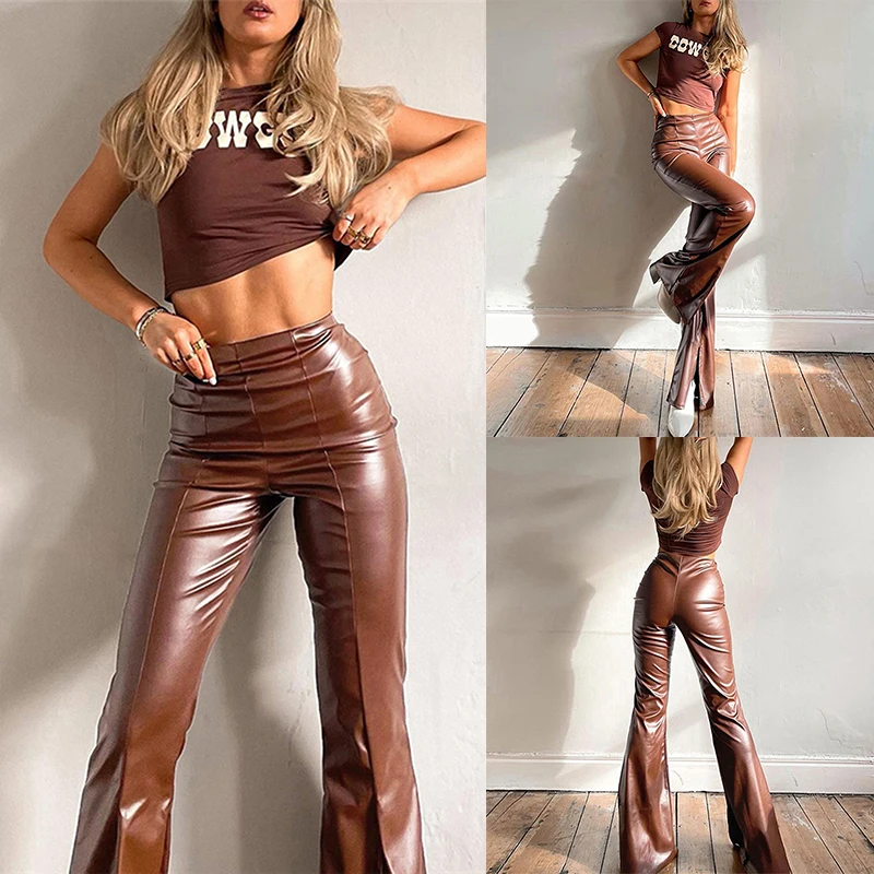 

Spring Fall Women\u2019 s Brown Flared Trousers Adults Solid Color High Waist Bell-Bottomed Pants