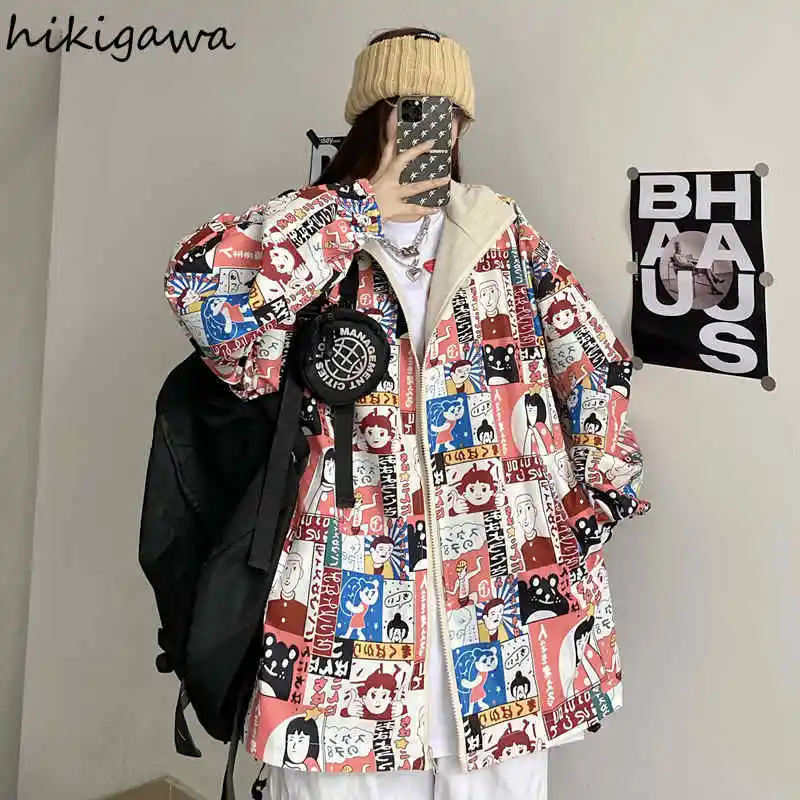 

Hikigawa Two-sided Graffiti Jacket Women 2021 Autumn Loose Thin Couple Baseball Uniform Cardigan Tops Fashion Casual Outerwear
