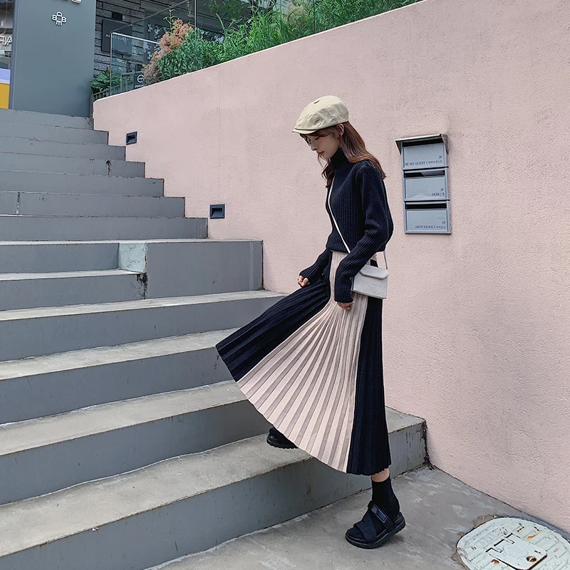 KINOMI зимняя женская вязаная плиссированная длинная юбка цветная Лоскутная с