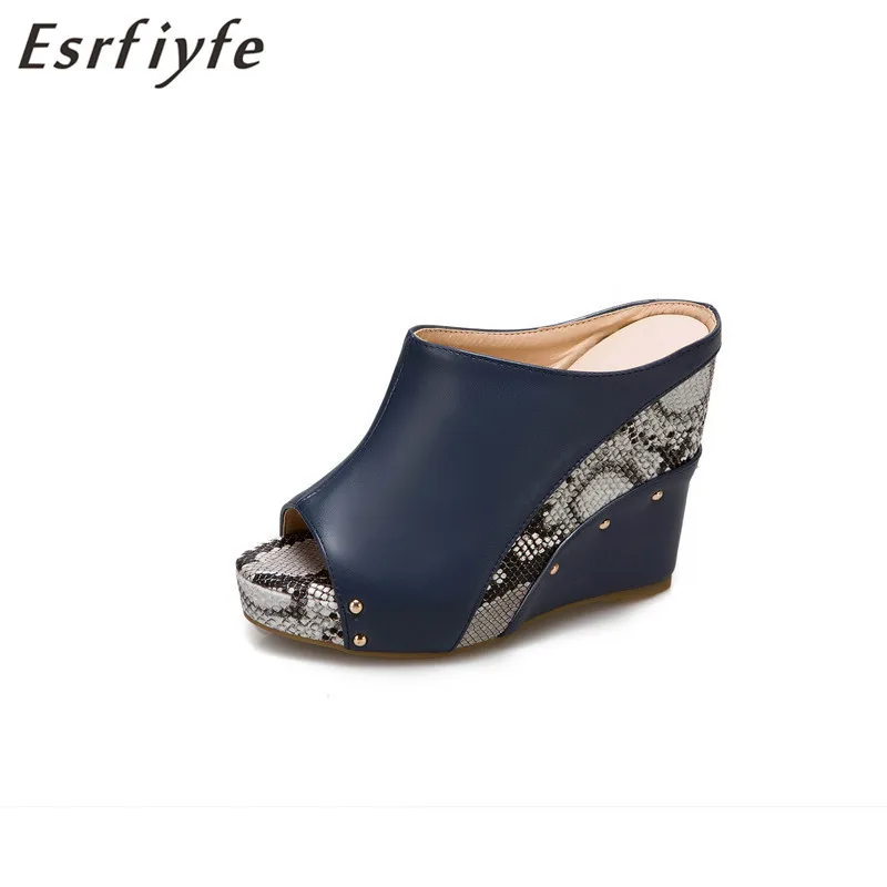 

ESRFIYFE 2021 New Summer Peep Toe Platform Wedge Slippers Shoes Women Fashion High Heel Snakeskin Grain Hollow Out Female Shoes