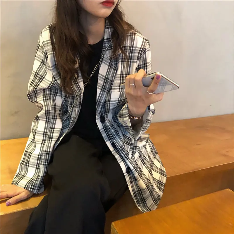 

HziriP Retro Color-Hit Women Elegant 2020 Plaid Office Lady Pockets Geometric New Loose High Street Sweet OL Fashion Blazers