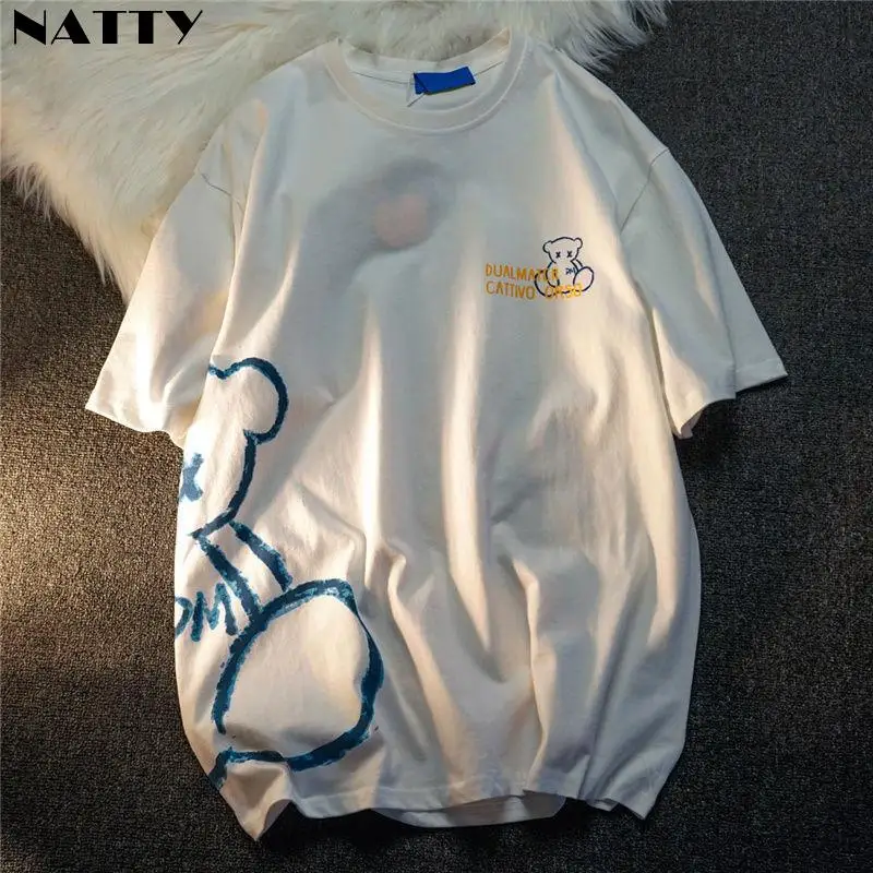 

2021 Women's New Summer Bear Whirt Pink Black Short Sleeve T-shirt Loose O-neck Loose Korean Leisure Style Original Half Sleeve