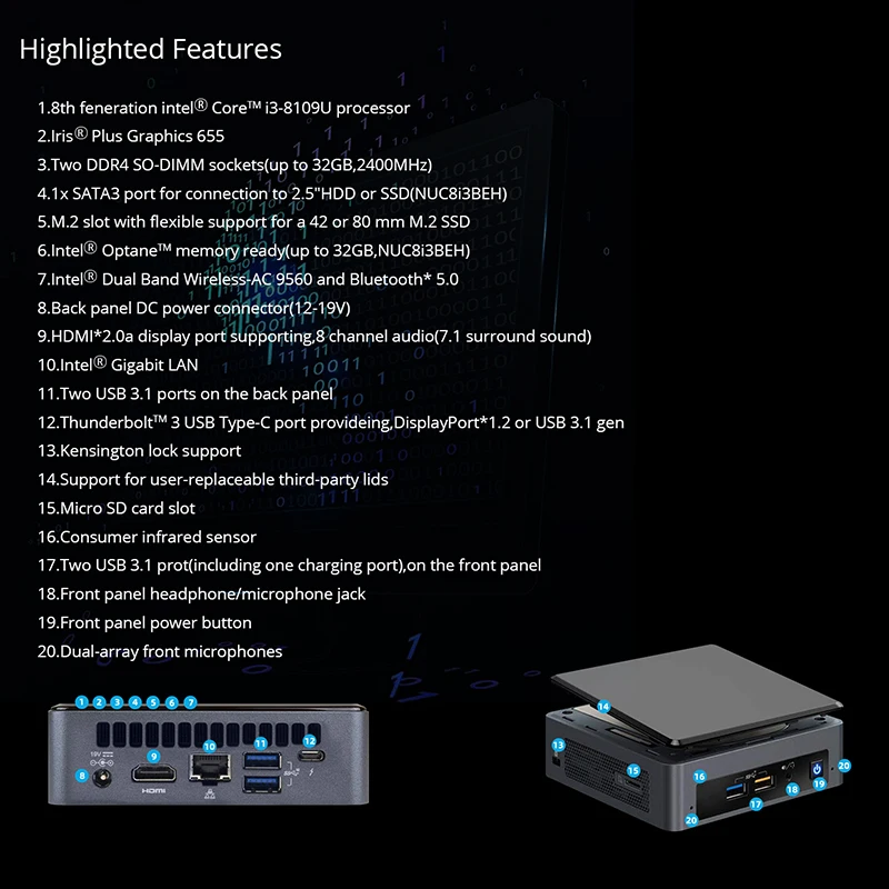 Мини-ПК Intel NUC NUC8i3BEK двухъядерный процессор DDR4 M.2 SSD Windows 10 Pro Wi-Fi Bluetooth 4K поддержка