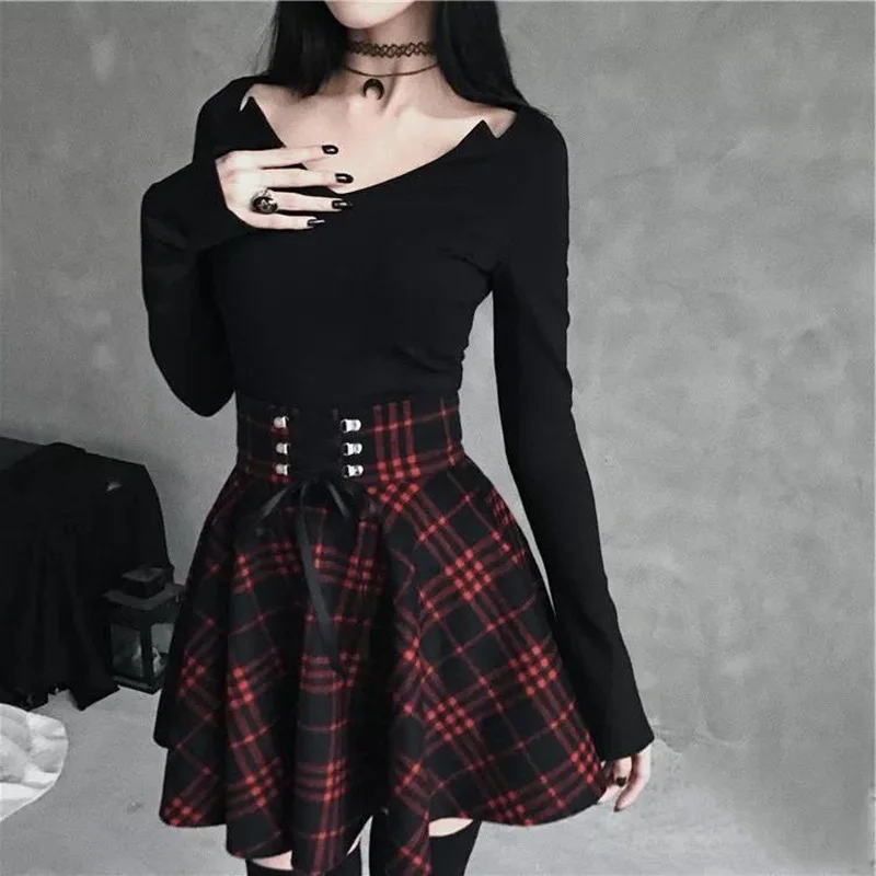 

Gothic Punk Plaid Mini Skirt 5XL Plus Size Women Lace Up High Waist A Line Vintage Skirts Womens Casual Clothes Jupe Saia Faldas