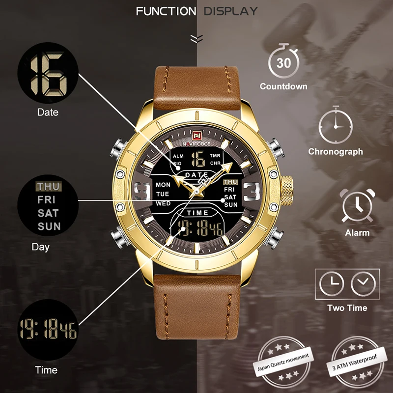 Часы naviforce Модные кварцевые мужские часы кожаные водонепроницаемые военные мужские s часы аналогово-Цифровые мужские часы Relogio Masculino