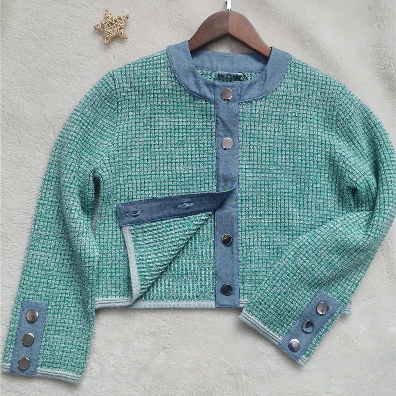 

Женская трикотажная клетчатая куртка, однобортное пальто составного кроя с длинным рукавом, лето 2021