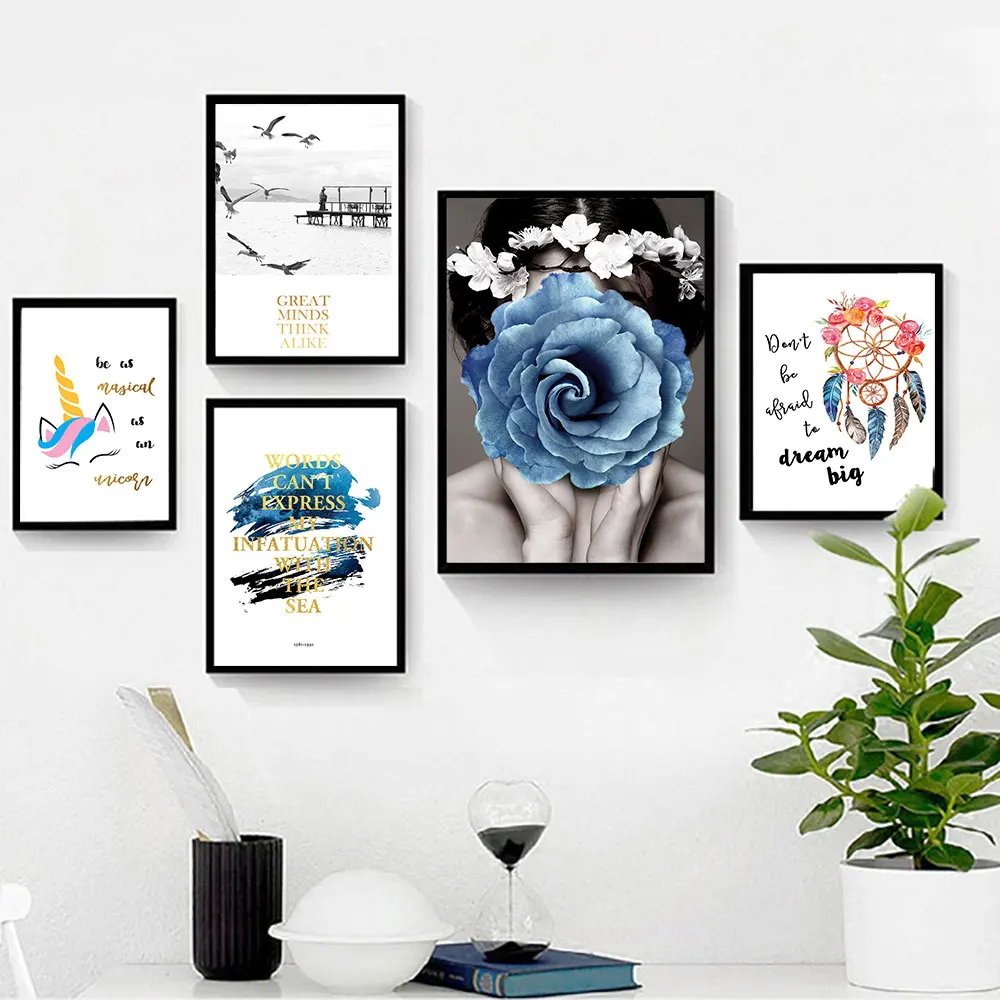 

Nordic Poster Canvas Abstract Woman Blue Flower Inspirational Quote Painting Art Print Wall Picture Living Bedrooms Home Decor