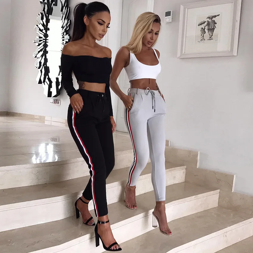 

Spring Autumn Pants Women Side Stripe Long Leggings Women High Waist Drawstring Straight Pant Knitted Solid Elastic Trousers