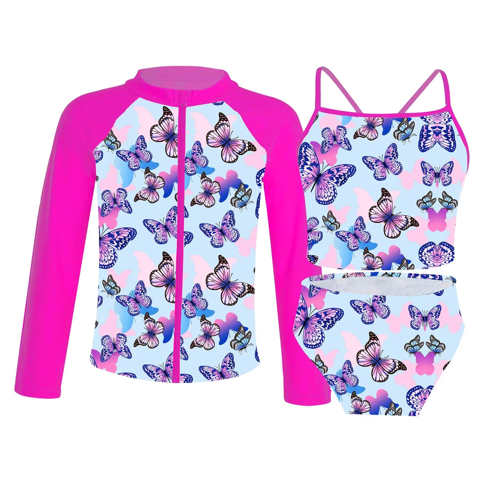 3PCS Kids Girls Swimsuits Beachwear Floral Printed Zippered Long Sleeve Coat with Bikini Briefs Swimsuit Swimwear Bathing Suits