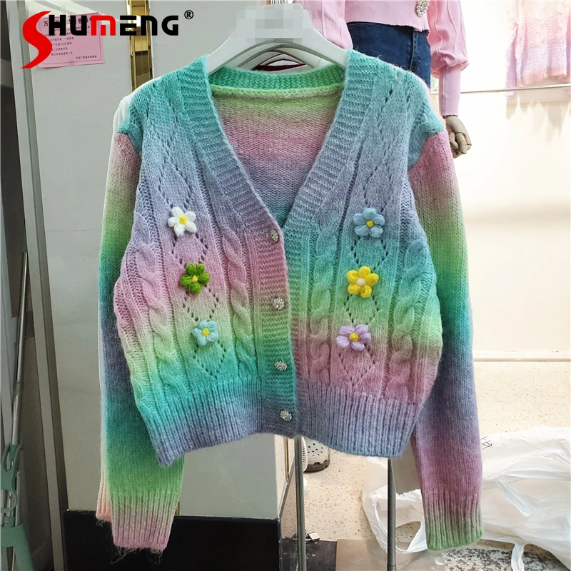 

Rainbow Knitted Cardigan Sweet Sweaters Women's Kawaii Flower Appliques Jewellery Button Down V-Neck Cardigans Outwear Fall 2021