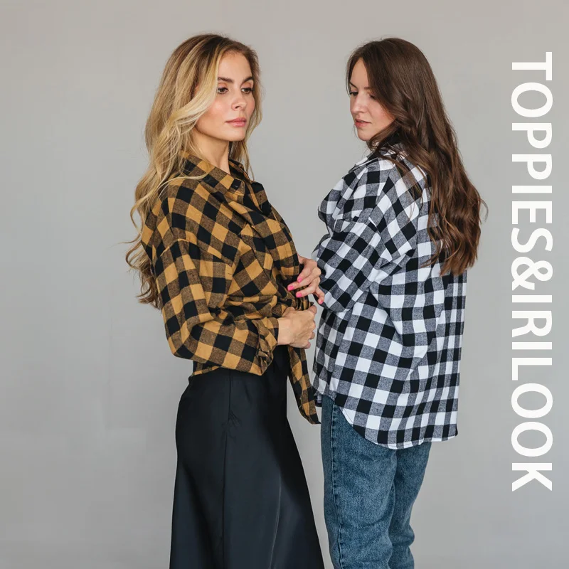 Женская хлопковая рубашка в клетку с длинным рукавом и передним карманом | одежда