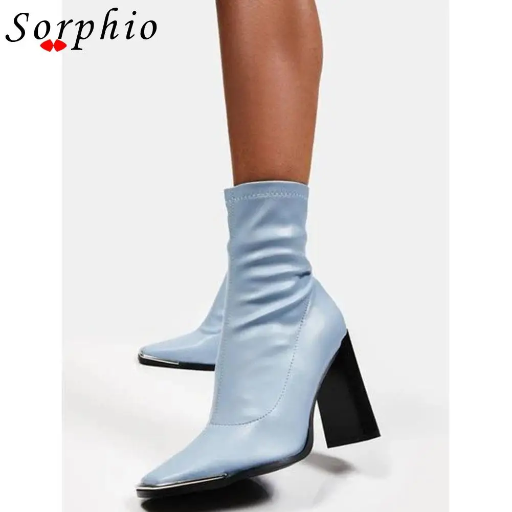 

2022 New Arrivals Fashion Ankle Boots Metal Design Short Boots Flock Chunky Heel Brand New Luxury Boots Shoes Comfy Blue Stylish