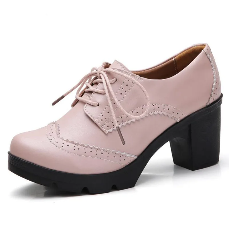 

New Women Pumps Bullock Shoes Genuine Leather Round Toe Lace-Up 7cm Thick High Heel Shallow Solid Casual Female Shoes Big Size43