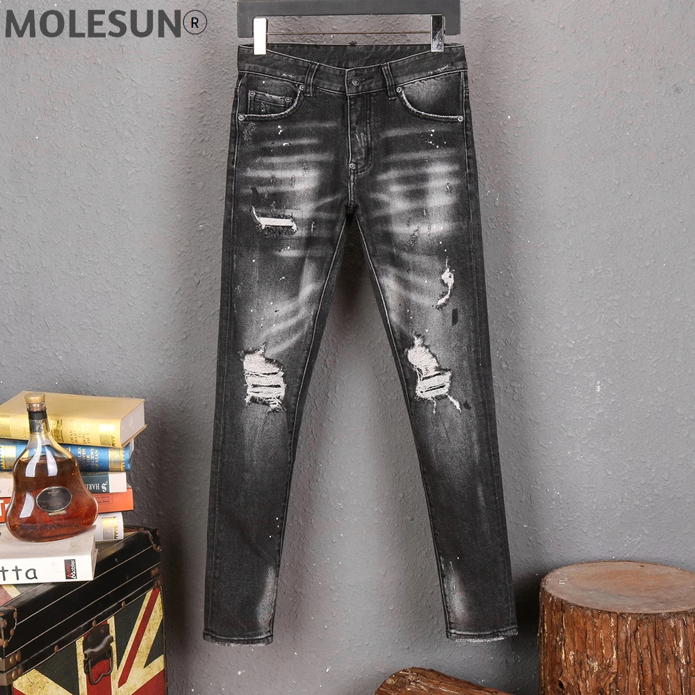 

European Style dsq brand Jeans Men Stretch Elastic Slim Denim Jeans Mens Casual Washed black Pockets Jeans for man 8163