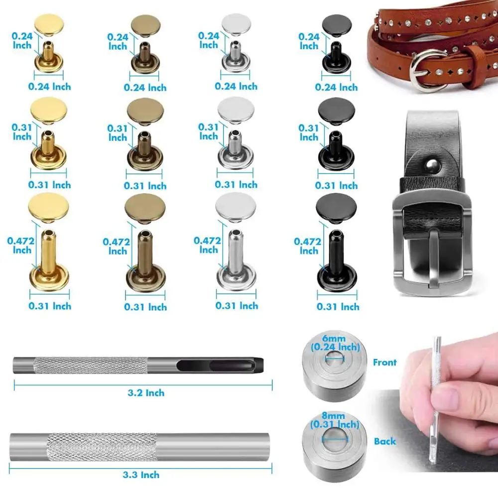 Набор кожаных заклепок DIY с двойной головкой из латуни и инструментами для установки для ремонта и рукоделия 4 цвета и 3 размера в комплекте.