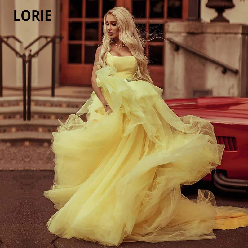 LORIE Princess Prom Dress Spaghetti Strap Tulle Yellow Evening Dresses for Women Cheap Quinceanera Party Gown for Graduation