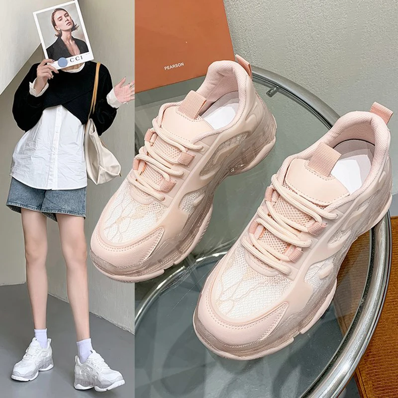 

Women Chunky Platform Sneakers 2021 Fashion Lace Up Old Dad Shoes Woman 5cm High Heels Basket Female Casual Shoes Pink Trainers