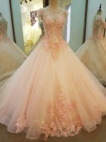 princess pink prom dresses hot sale flowers lace appliques beaded ball gown cap sleeves o neck sweep train up evening