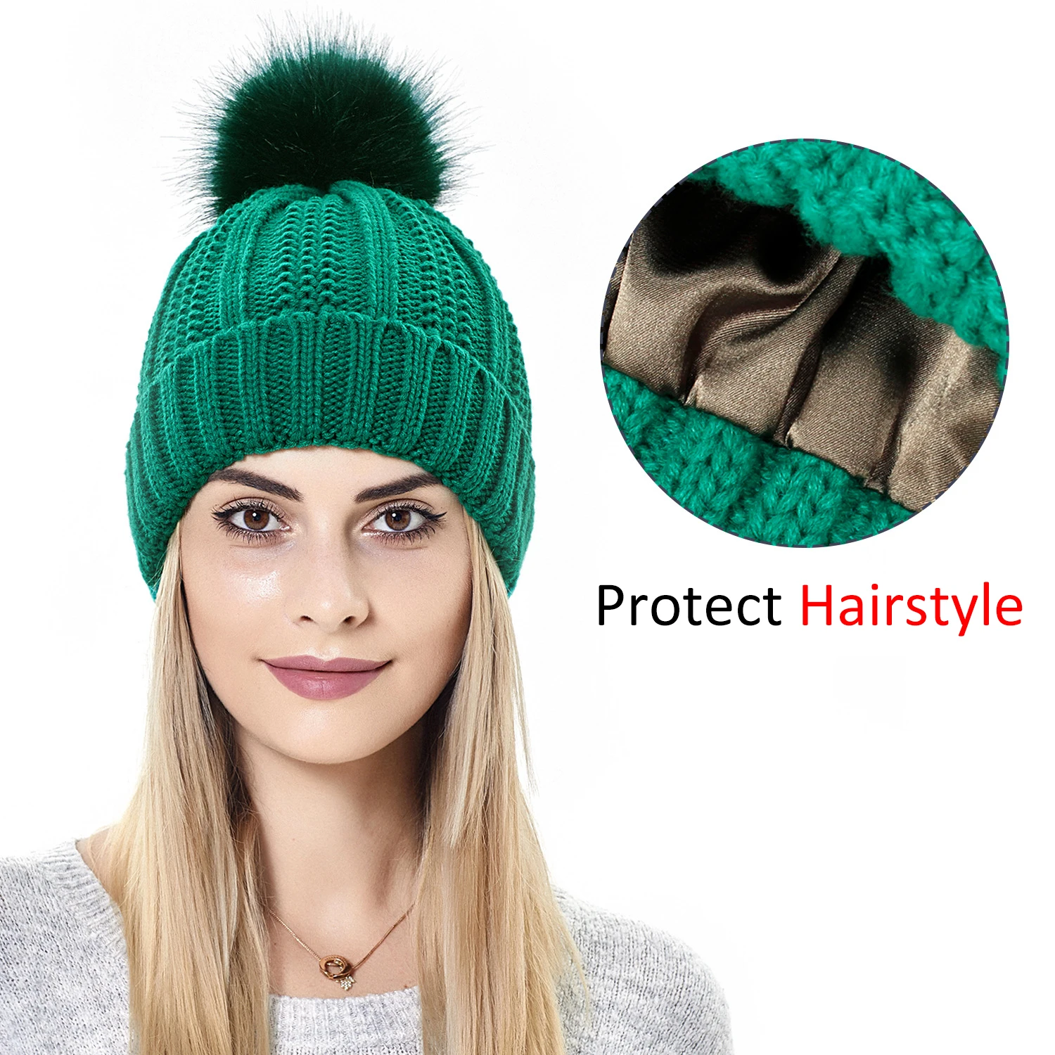 

Outdoor Cycling Winter Beanie Bonnet Stretchy Satin Lined Skull Cap Warm Knit Hats Beanie Hat for Women Faux Fur Pom Pom Hat